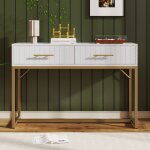 Console d?entr�e blanche avec 2 tiroirs et pieds dor�s meuble moderne rainur� pour hall et salon 100 ...