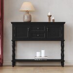 Console d?entr�e r�tro noir - 2 tiroirs + 2 portes en roseau tress� - 94x35x84cm