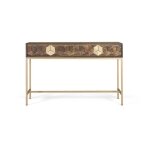 Console - giner y colomer - bois de manguier - base m�tal noyer et dor�e - 2 tiroirs