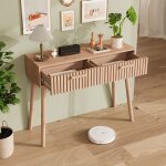 Console en bois massif 100�35�80 cm table console 2 tiroirs finition bois naturel style scandinave pour ...