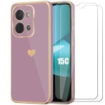 Coque + 2 verres tremp�s pour xiaomi redmi 15c 4g / 5g avec motif c?ur protection antichoc slim violet ...