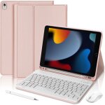 Coque clavier pour ipad 102 pouces (2019 / 2020 / 2021) cuir pu rose avec clavier + souris sans fil + ...