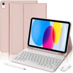Coque clavier pour ipad a16 (11) / ipad 10 2022 (109) rose avec clavier bluetooth + souris + stylet