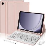 Coque clavier pour samsung galaxy tab a9 - cuir pu rose avec clavier + souris sans fil + stylet
