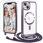 Coque pour iphone 14 plus avec cordon de collier + 2verre tremp coque transparente silicone tpu bumper ...
