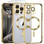 Coque pour iphone 15 pro - massilia tech - electroplating or - antichocs - 2 vitres en verre tremp� incluses ...