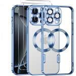 Coque pour iphone 15 pro max et 2 vitres verre tremp� magsafe electroplating bleu