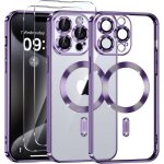Coque pour iphone 15 pro max et 2 vitres verre tremp� magsafe electroplating violet