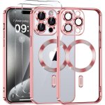 Coque pour iphone 15 pro max - magsafe - electroplating - rose - protection int�grale - 2 vitres en verre ...