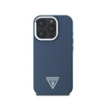 Coque pour iphone 16 pro en texture grain avec logo triangulaire guess bleu