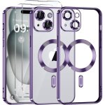 Coque magsafe antichocs - massilia tech - iphone 15 - violet - protection int�grale - vitres tremp�es ...