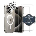 Evetane coque anti - choc magsafe compatible iphone 15 pro transparente + 2 protections �cran et 2 protections ...