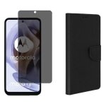 Coque pour motorola moto g35 5g noir + verre tremp anti espion - etui housse portefeuille cartes vitre ...