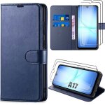 Coque de protection - booling - pour samsung galaxy a17 4g / 5g - synth�cuir bleu marine - 2 verres tremp�s ...