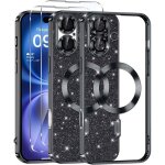 Coque de protection pour iphone 16 / 2 vitres verre tremp� compatible magsafe chrome strass noir