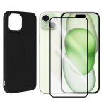 Coque de protection souple silicone noir + lot de 2 verre tremp avec bords noir pour iphone 15 plus ...