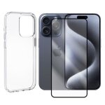 Coque de protection souple silicone transparente + verre tremp avec bords noir pour iphone 15 pro max ...