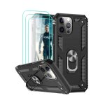 Coque renforc�e noire pour iphone 13 pro max avec support rotatif fixation magn�tique et 3 verres tremp�s ...