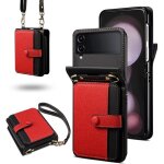 Coque de t�l�phone - kzq - samsung galaxy z flip 3 5g - cuir de luxe - �tui portefeuille - rouge