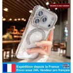 Coque transparente iphone 17 pro max magsafe bord argent strass brillants + verre tremp�