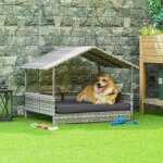 Corbeille - coussin maison niche chien rotin gris 69x98x70cm - panier coussin inclus - structure acier ...
