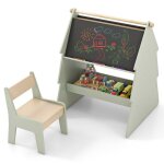 Costway 2 en 1 tableau double face avec tabouret pour enfant 3 ans + support pour rouleau de papier rangement ...