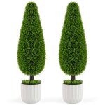 Costway lot de 2 arbres arbustes de cdre artificiel 90cm en forme de larme avec ciment fausses vignes ...
