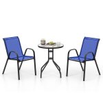 Costway 3 pi�ces ensemble table ronde et 2 chaises empilables de jardin ext�rieur plateau en verre tremp� ...