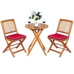 Costway 3pcs salon de jardin pliable en bois d'acacia - 1 table, 2 chaises, 2 coussins rouge amovibles ...