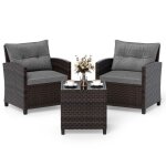 Costway 3pcs salon de jardin en rotin - 2 fauteuils table basse avec plateau en verre tremp� coussins ...