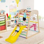 Costway 4 en 1 station de jeux en bois jouet montessori avec filet descalade charge 50kg pour enfants ...