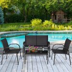 Costway 4 pcs salon de jardin en textilne - ensemble table en verre tremp et chaises 4 personnes patins ...