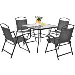 Costway 5 pcs salon de jardin - mtal et textilne - 4 chaises de jardin pliables, table carre en verre ...