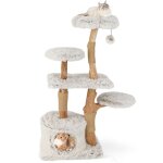 Costway arbre � chat moderne 135 cm en bois naturel tour pour chat avec poteaux � gratter en jute perchoir ...