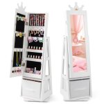 Costway armoire a bijoux pour enfants, miroir sur pied avec grande capacit de rangement et base pivotante, ...