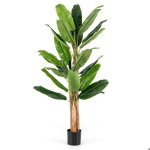 Costway bananier artificiel de 195 cm tiges triples 27 grandes feuilles plante verte en pot d�coration ...