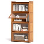 Costway biblioth�que 140 cm en bambou � 4 niveaux avec portes en acrylique transparent pour bureau salon ...