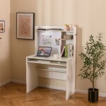 Costway bureau avec tableau daffichage magn�tique huche et plateau pour clavier etag�re r�glable blanc ...