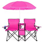 Costway chaise fauteuil de camping pliante 2 places - sac isotherme parasol porte - gobelet accoudoirs ...