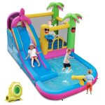 Costway chteau gonflable thme tropical avec souffleur 680w, long toboggan aquatique, piscine  eclaboussures ...