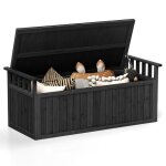 Costway coffre de rangement 209l pour jardin en bois de sapin fsc - banc 2 places avec accoudoirs noir ...