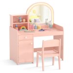 Coiffeuse enfants costway avec miroir led et chaise pour filles 2 �tag�res et tiroir porte en bois rose ...