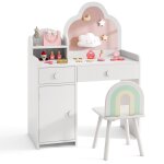 Costway coiffeuse pour enfants 3 � 7 ans avec chaise miroir en forme de nuage etag�re ouverte tiroirs ...