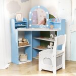 Costway coiffeuse enfants d?angle avec chaise 5 accessoires miroir lumires 3 tagres de rangement 5 ...
