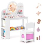 Costway coiffeuse enfant et chaise - 5 accessoires miroir �clair� 2 tiroirs biblioth�que 3 crochets et ...