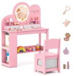 Costway coiffeuse enfant et chaise - 5 accessoires miroir �clair� 2 tiroirs biblioth�que 3 crochets et ...
