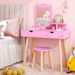 Costway coiffeuse avec tabouret enfants 3 - 7 ans miroir rectangulaire amovible 1 peigne 2 grands tiroirs ...