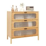Costway commode  3 tiroirs avec front en verre tremp ray bambou pour salon chambre bureau naturel ...