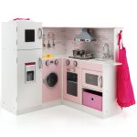 Costway cuisine d?angle enfant 3 ans + en bois, 17 accessoires (toque, tablier, lgumes en pp, tlphone. ...