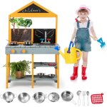 Costway cuisine enfants 3 ans + 8 accessoires avec tableau noir & jardini�re en bois de sapin robinet ...